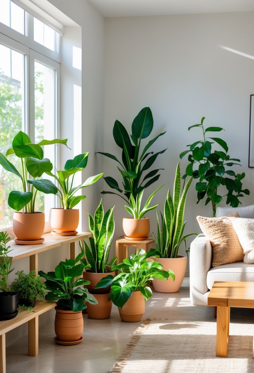 A modern living room with several indoor plants in pots placed on shelves, tables, and the floor near large windows.