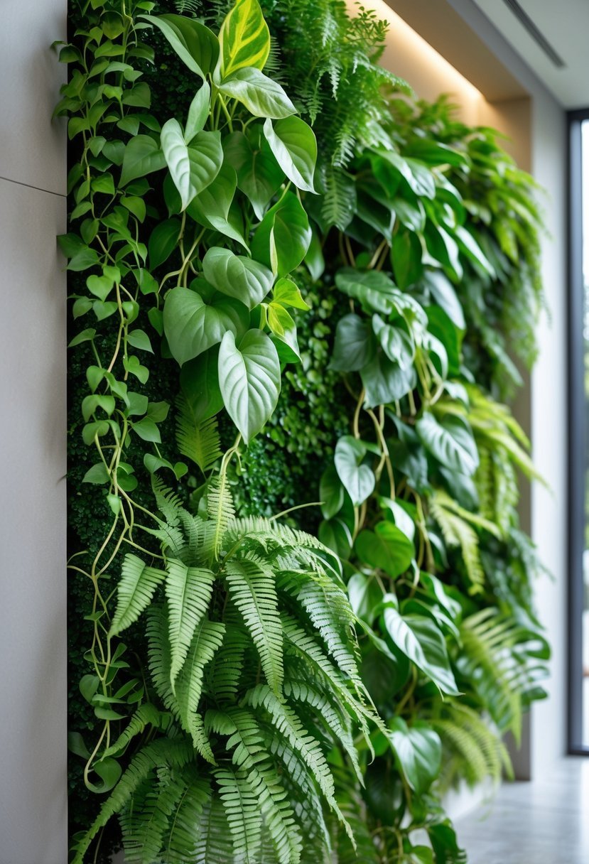 Indoor living wall covered with green pothos and ferns in a well-lit room.