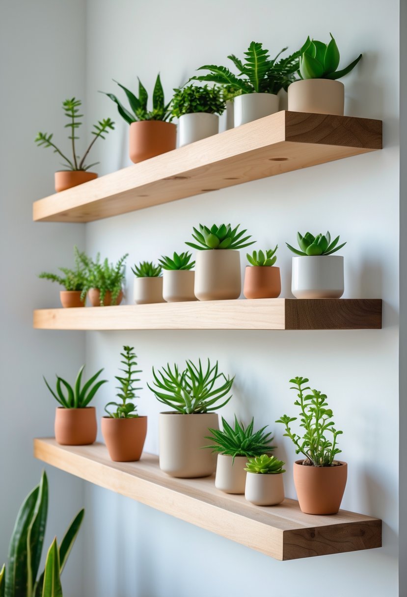 Floating wooden shelves displaying small potted succulents and indoor plants against a light wall.