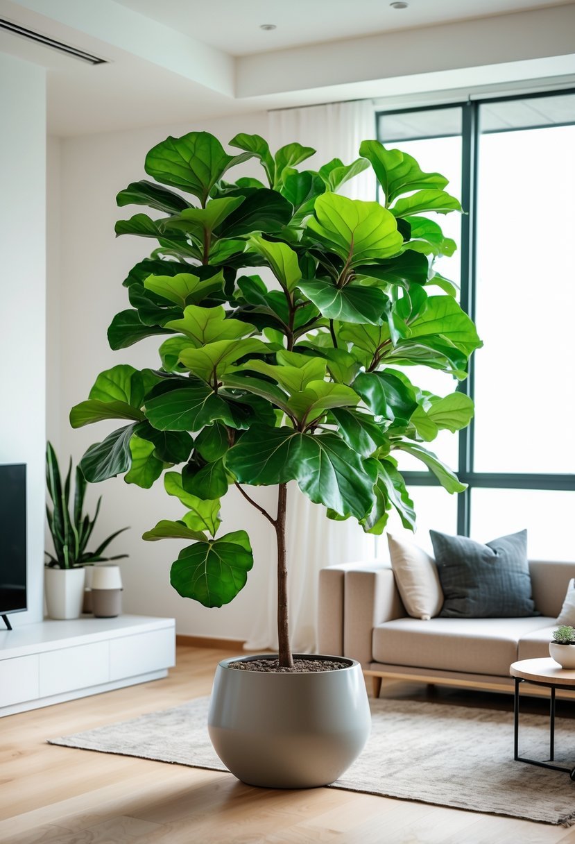 A living room with a large fiddle leaf fig plant near a window, surrounded by modern furniture and natural light.