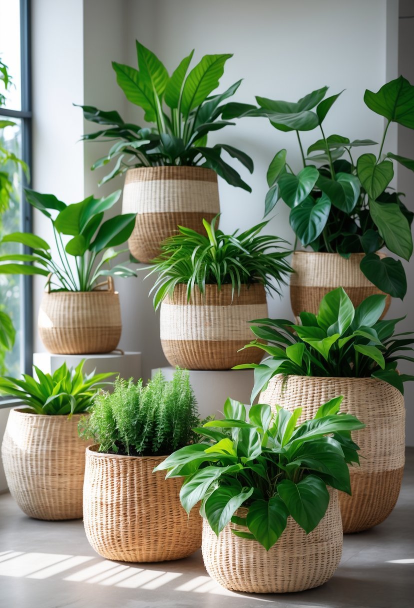 An arrangement of various indoor plants with different leaf textures placed in woven baskets on a light surface.