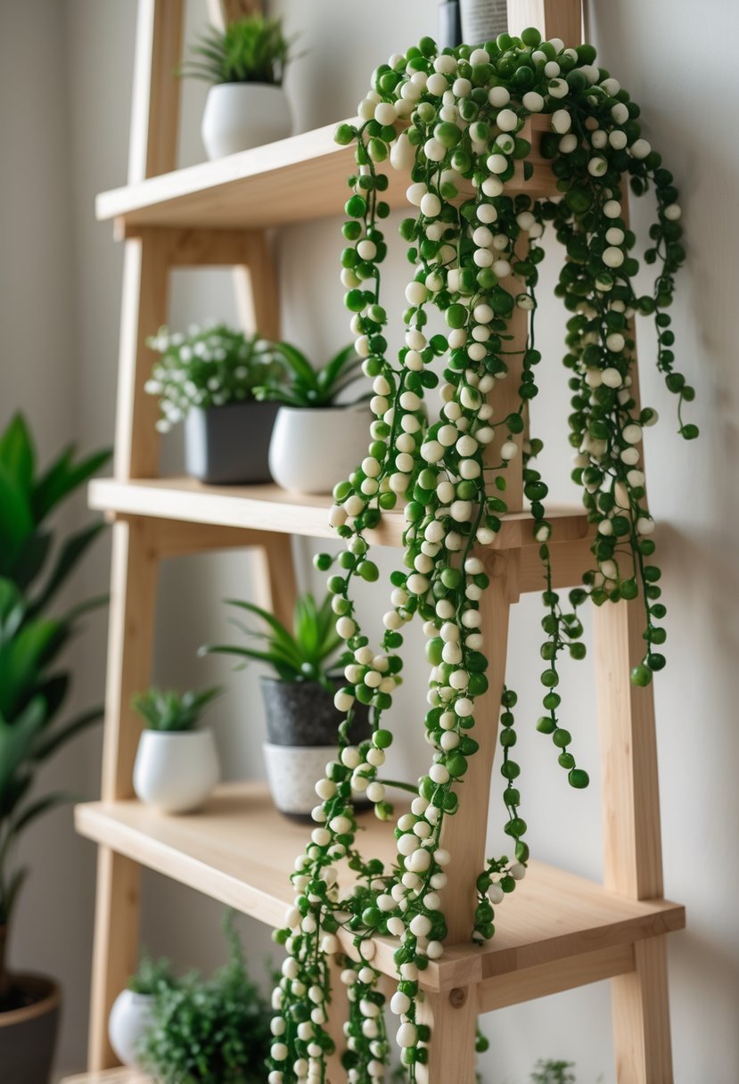 Ladder shelves indoors decorated with trailing string of pearls plants and small potted plants.
