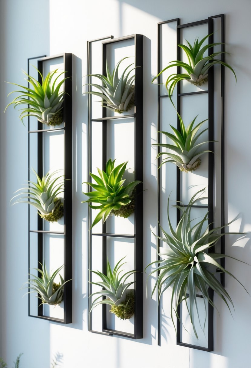 Vertical frames on a white wall filled with green air plants arranged as indoor decor.