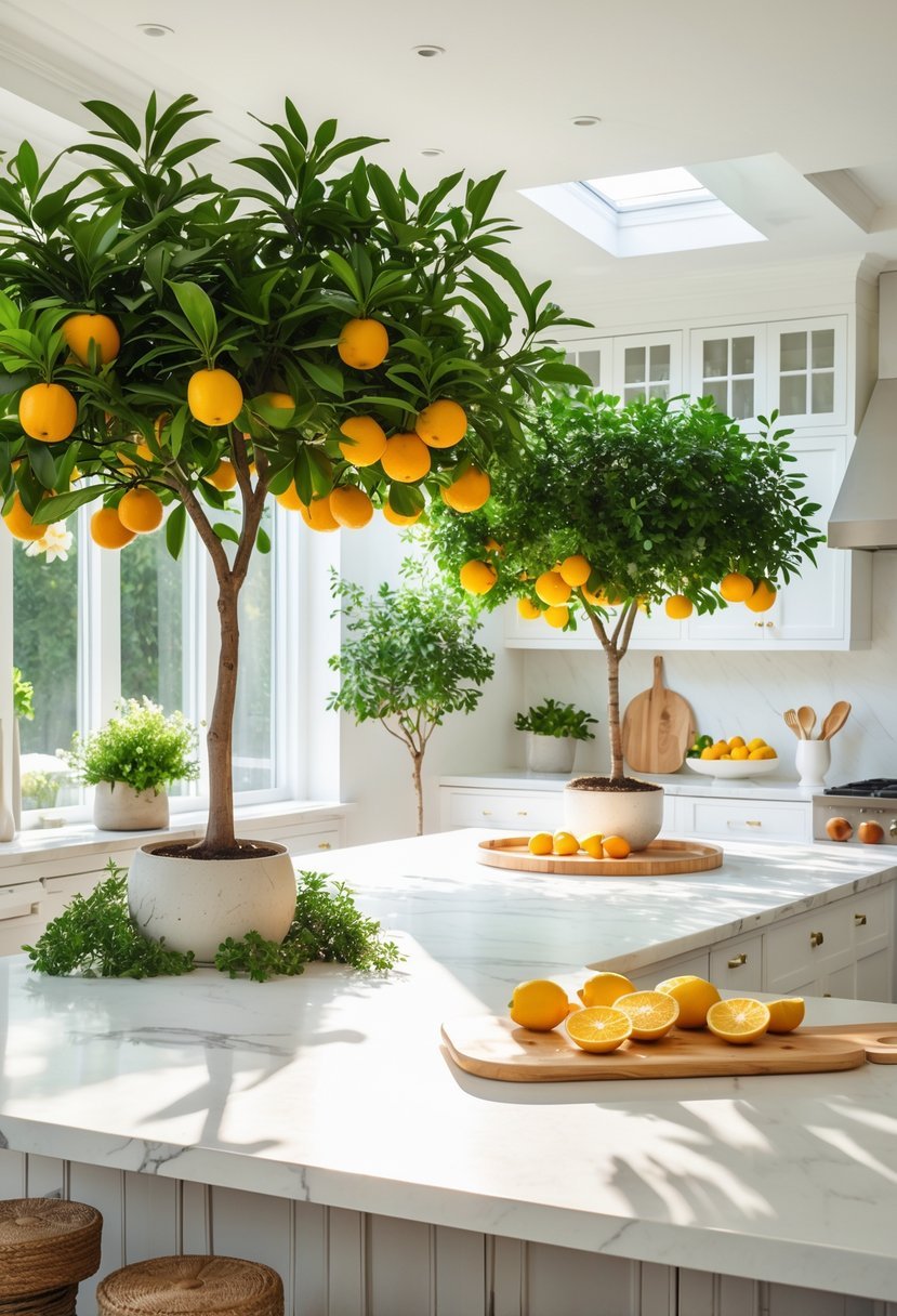 A modern kitchen with citrus trees in pots on the countertop and near windows, showing fresh green leaves and ripe oranges and lemons.