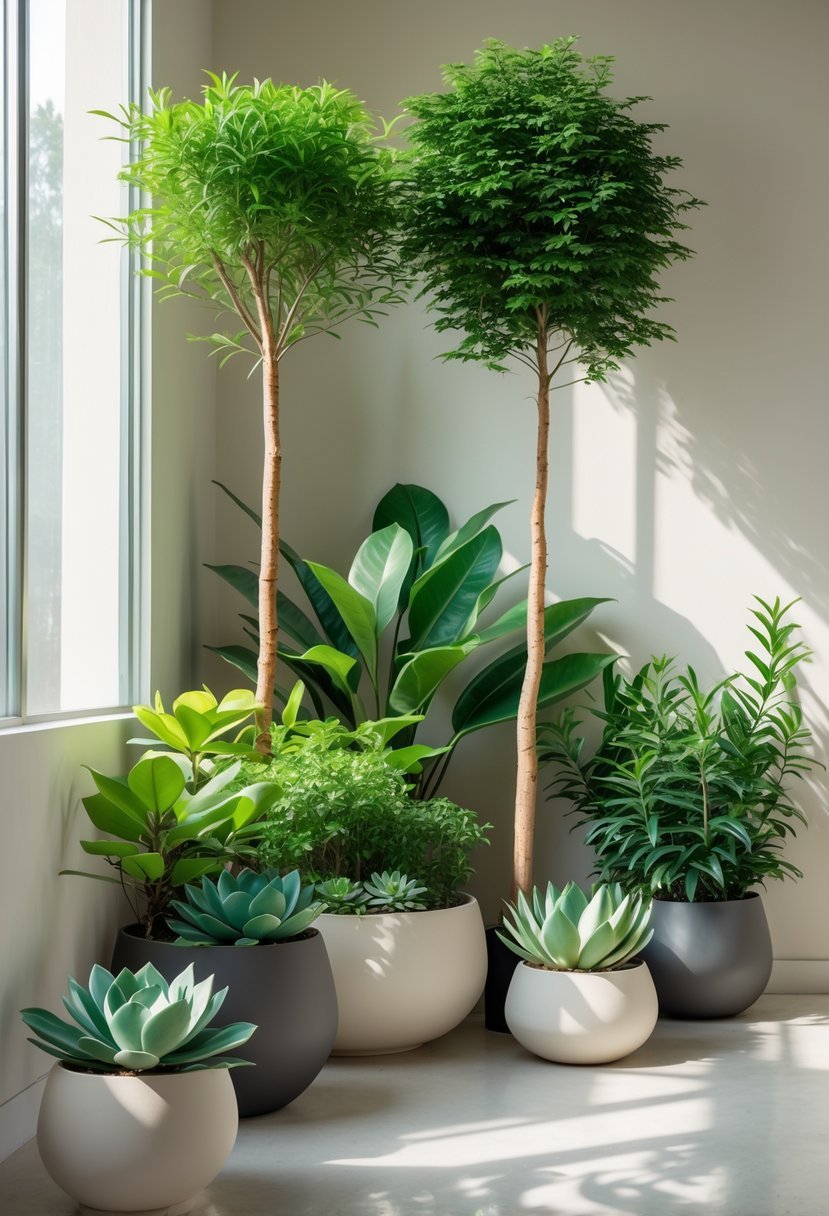Indoor corner with tall trees and low succulents arranged together in pots on the floor.