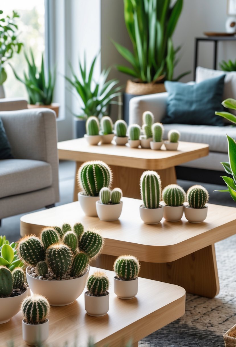 Indoor living room with coffee tables decorated with clusters of small cacti plants and other indoor greenery.