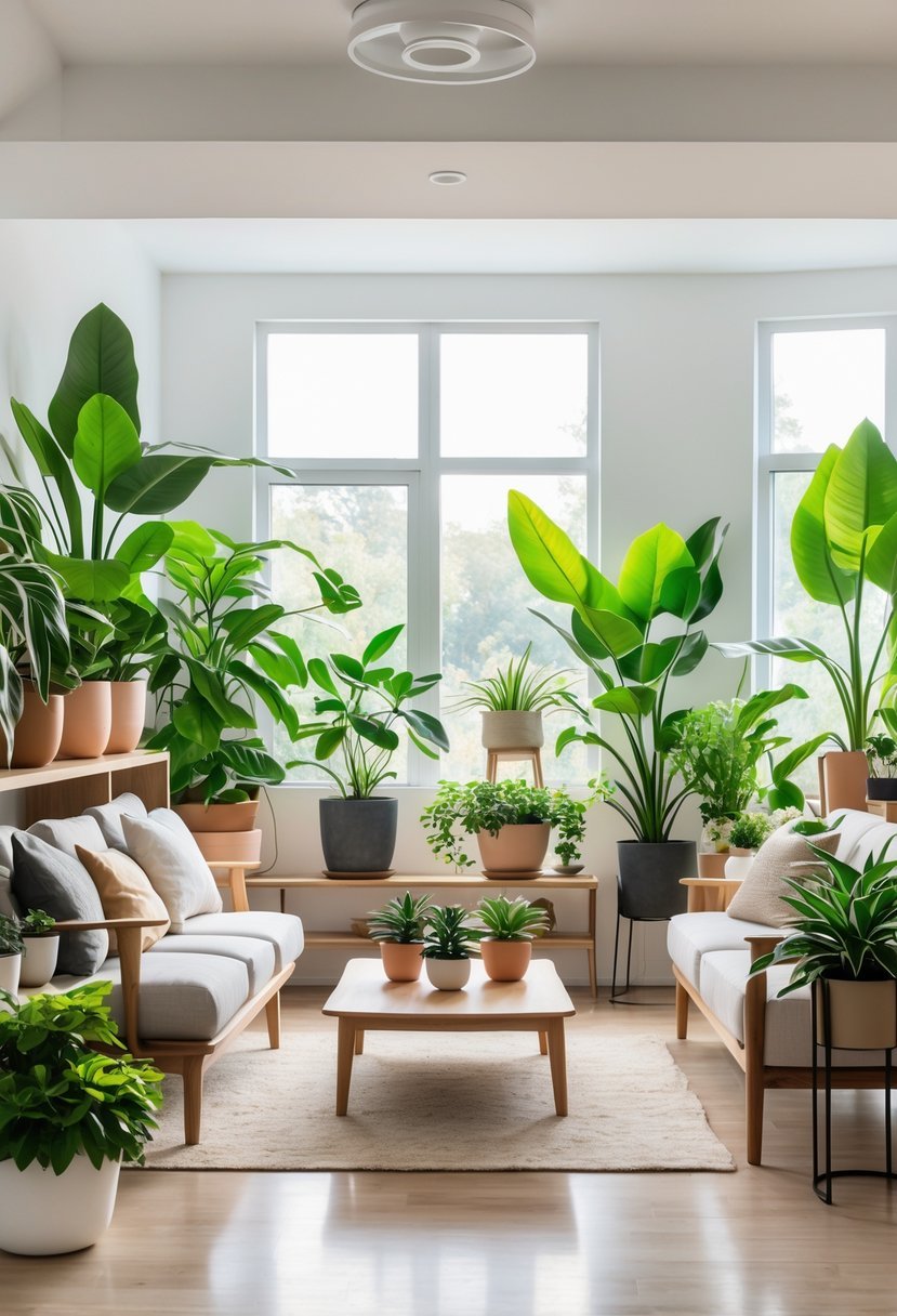 A living room with various indoor plants arranged on shelves, tables, and the floor, illuminated by natural light from large windows.