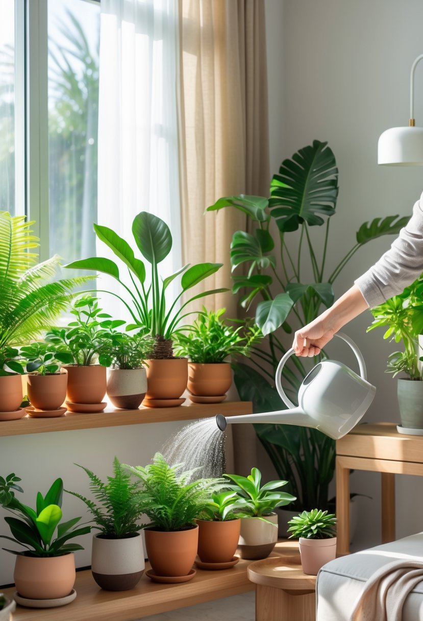 A person watering healthy indoor plants arranged on shelves and a windowsill in a bright living room.