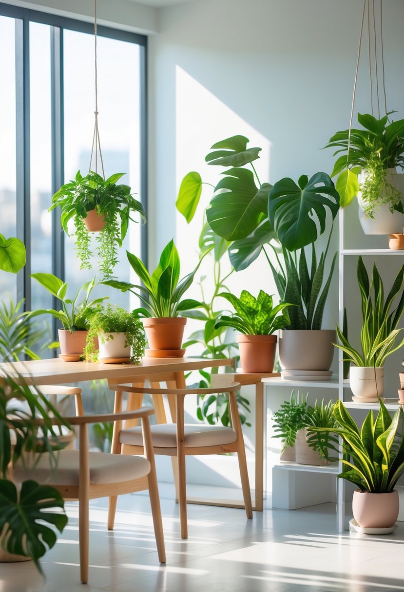 Indoor room with various healthy potted plants arranged around modern furniture and natural light coming through large windows.