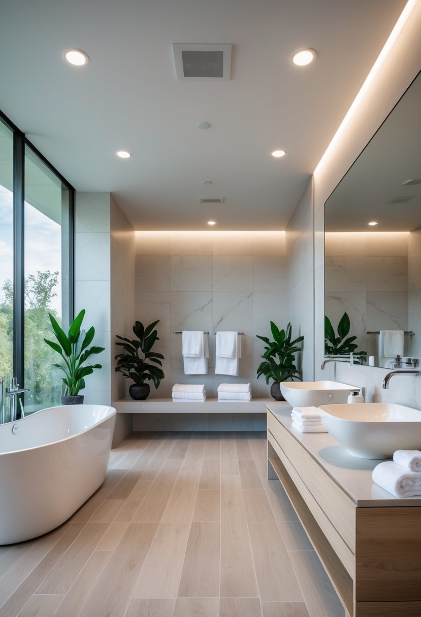 A modern bathroom with a freestanding bathtub, double vanity with sinks and mirror, plants, and natural light coming through a large window.