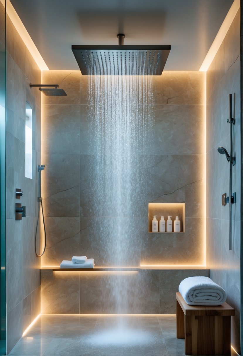 A spacious shower with a large rain showerhead, natural stone tiles, glass enclosure, and a wooden bench with a towel.