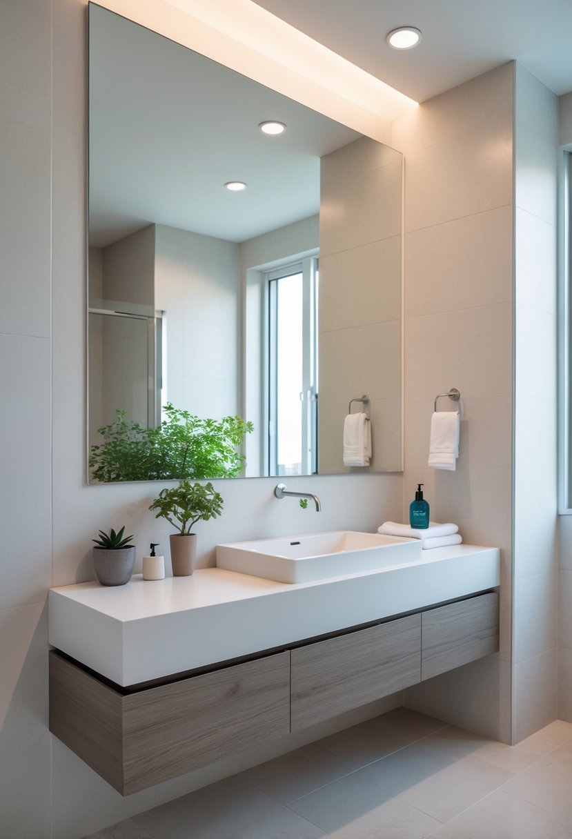A modern bathroom with a floating vanity that has an integrated white sink, a large mirror above, and decorative items on the countertop.
