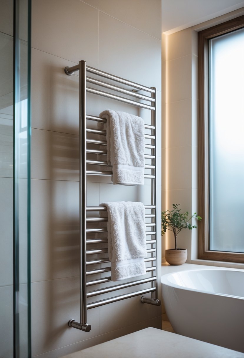 A bathroom with a heated towel rack holding white towels next to a bathtub and a small potted plant on a shelf.