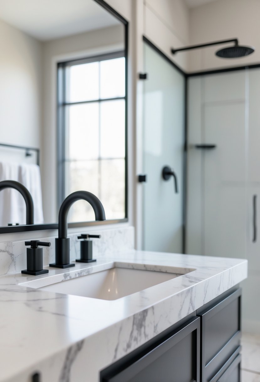 A bathroom with matte black faucet, towel bars, cabinet handles, and showerhead, featuring a white marble countertop and a glass shower enclosure.