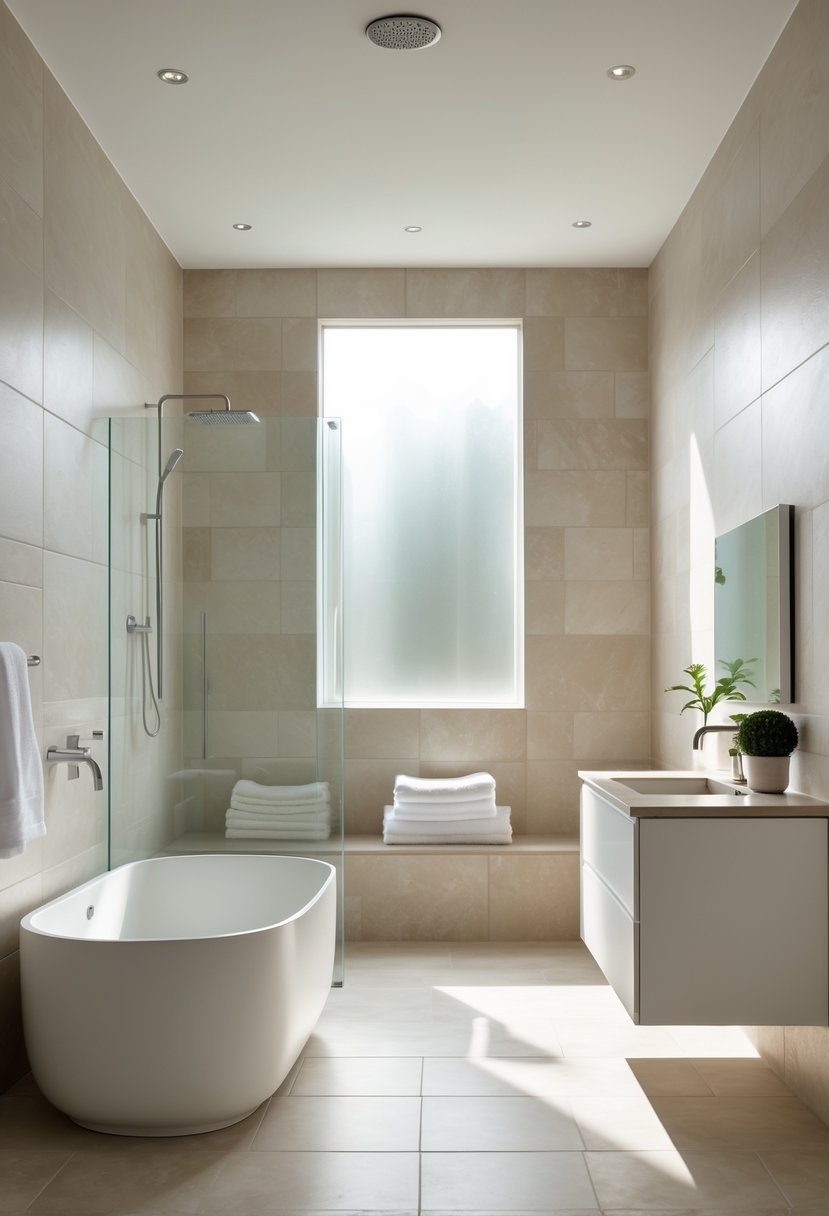 A modern bathroom with large porcelain tiles, a freestanding bathtub, glass shower, floating vanity, and natural light.