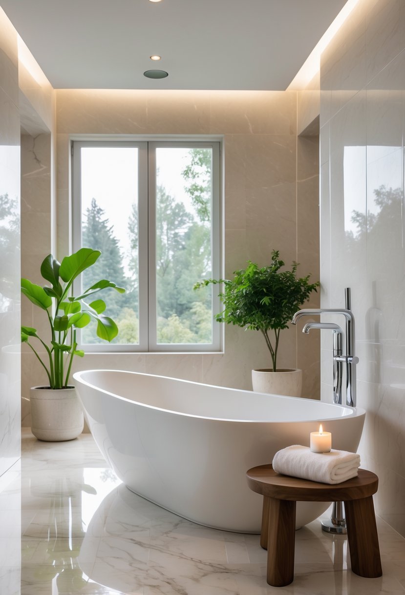 A bright bathroom with a white freestanding soaking tub near a window, marble floors, plants, and a wooden stool with a towel and candle.