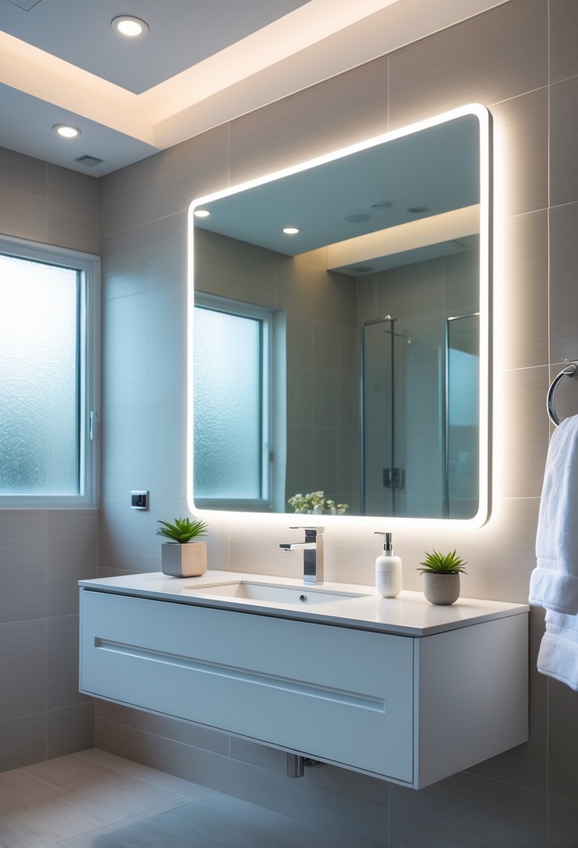 A modern bathroom with a backlit LED mirror above a white vanity, showing a clear reflection in a steamy environment.
