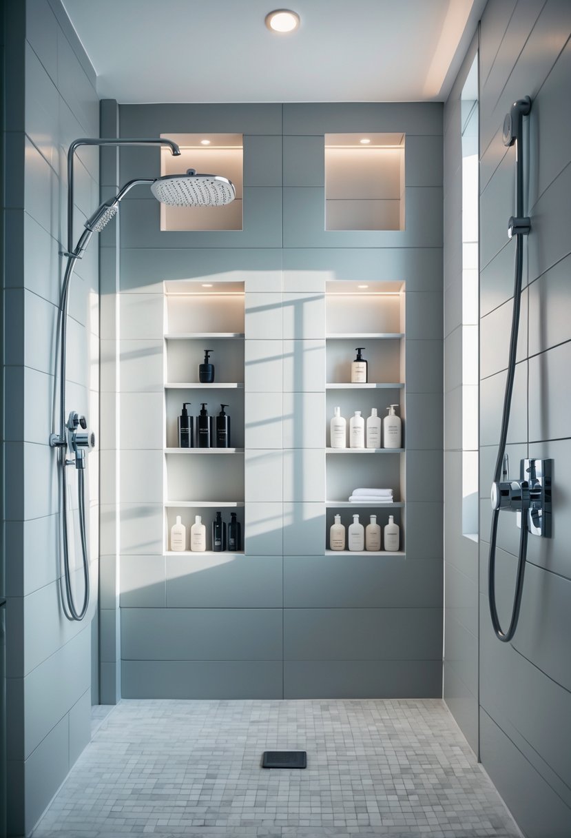 A modern shower with built-in wall niches holding bottles of shampoo and body wash.
