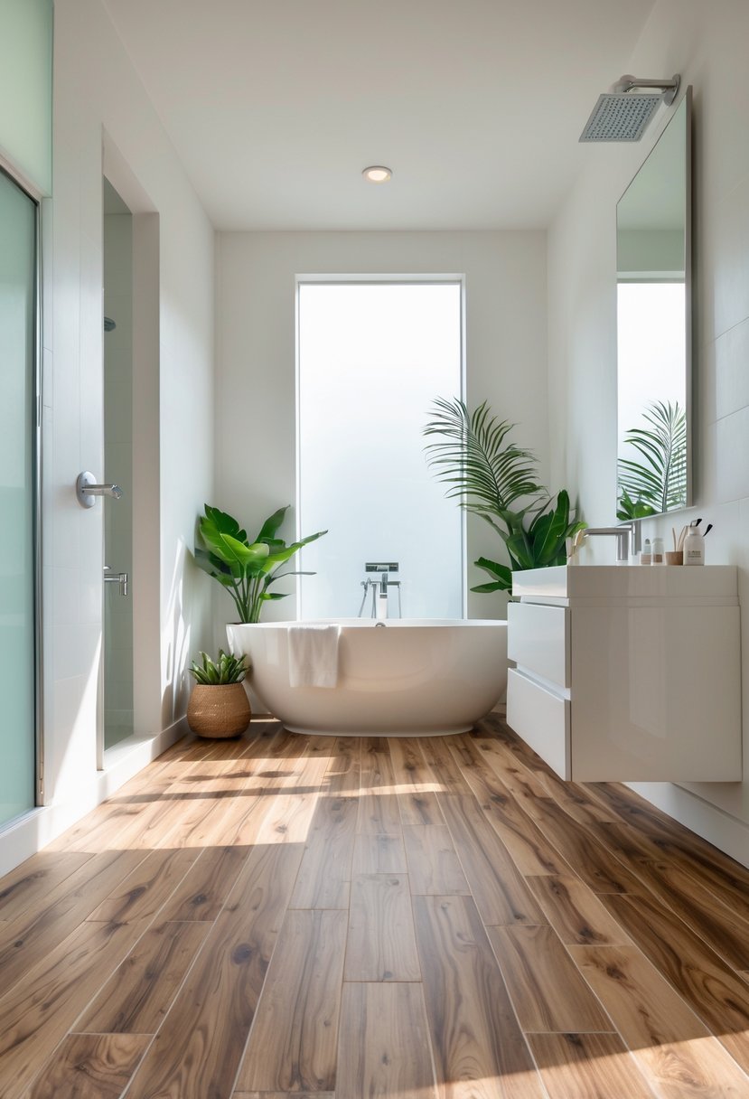 A modern bathroom with wood-look ceramic flooring, a freestanding bathtub, floating vanity, and natural light coming through a window.