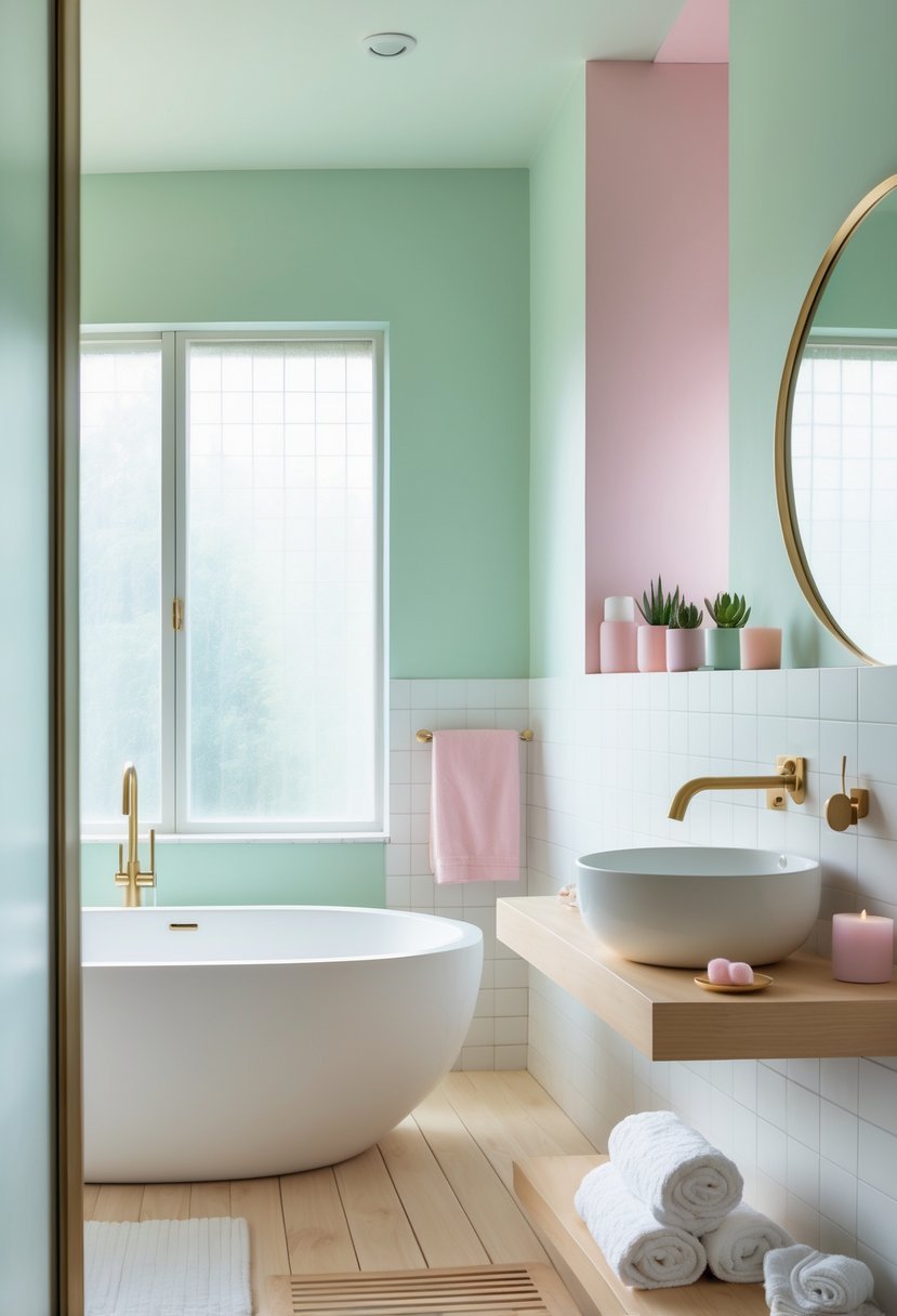 A calm bathroom with a freestanding bathtub, pastel-colored walls, wooden flooring, and spa accessories on a shelf.