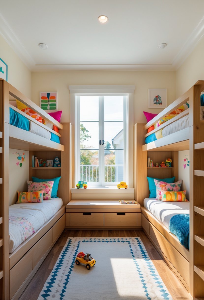 Small shared kids bedroom with wooden bunk beds and built-in storage drawers, colorful bedding, and toys.