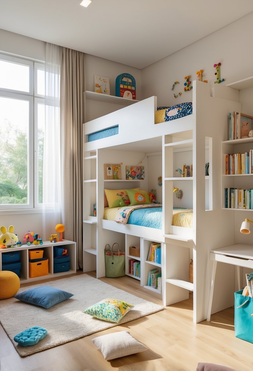 A small shared kids' bedroom with two loft beds, desks underneath, and organized storage in a bright and tidy space.