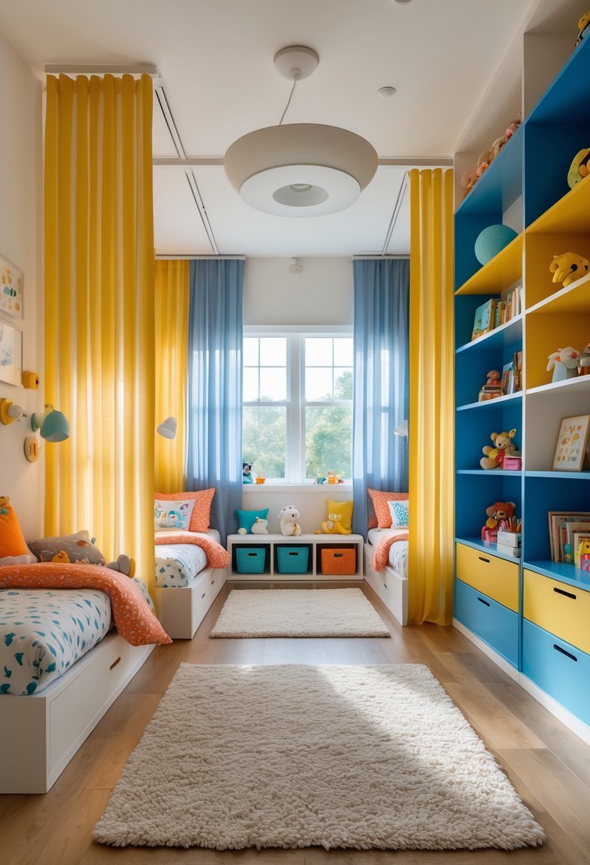 A shared children's bedroom with two beds separated by curtains and bookshelves, featuring toys, books, and bright natural light.