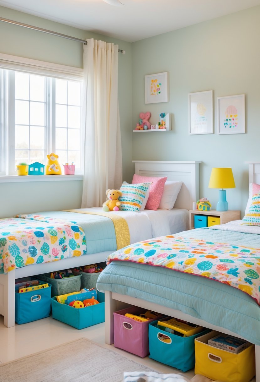 A shared children's bedroom with two beds and neatly organized under-bed storage bins filled with toys and clothes.