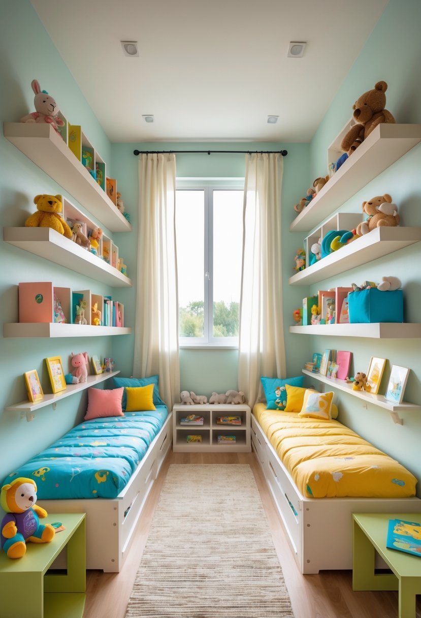 A small shared kids bedroom with two beds and wall-mounted shelves holding toys and books.