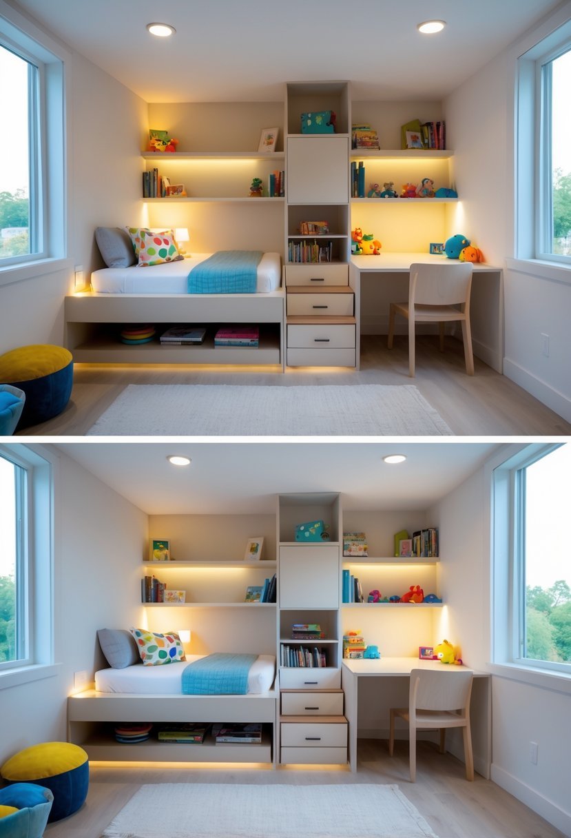 A small shared kids' bedroom with two desk-bed combos, each combining a bed on top and a study desk below, with colorful decorations and natural light.