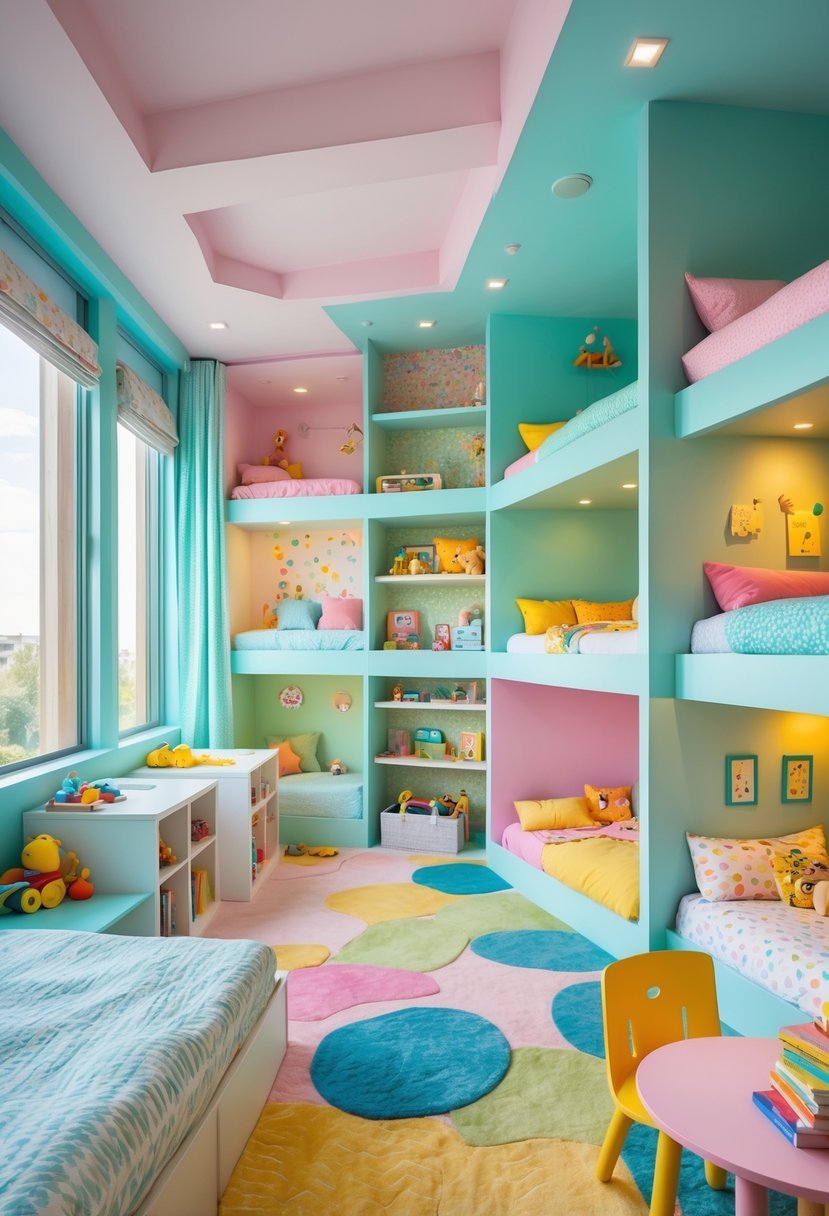 A bright, colorful small shared kids' bedroom with multiple beds, toys, and playful decorations.