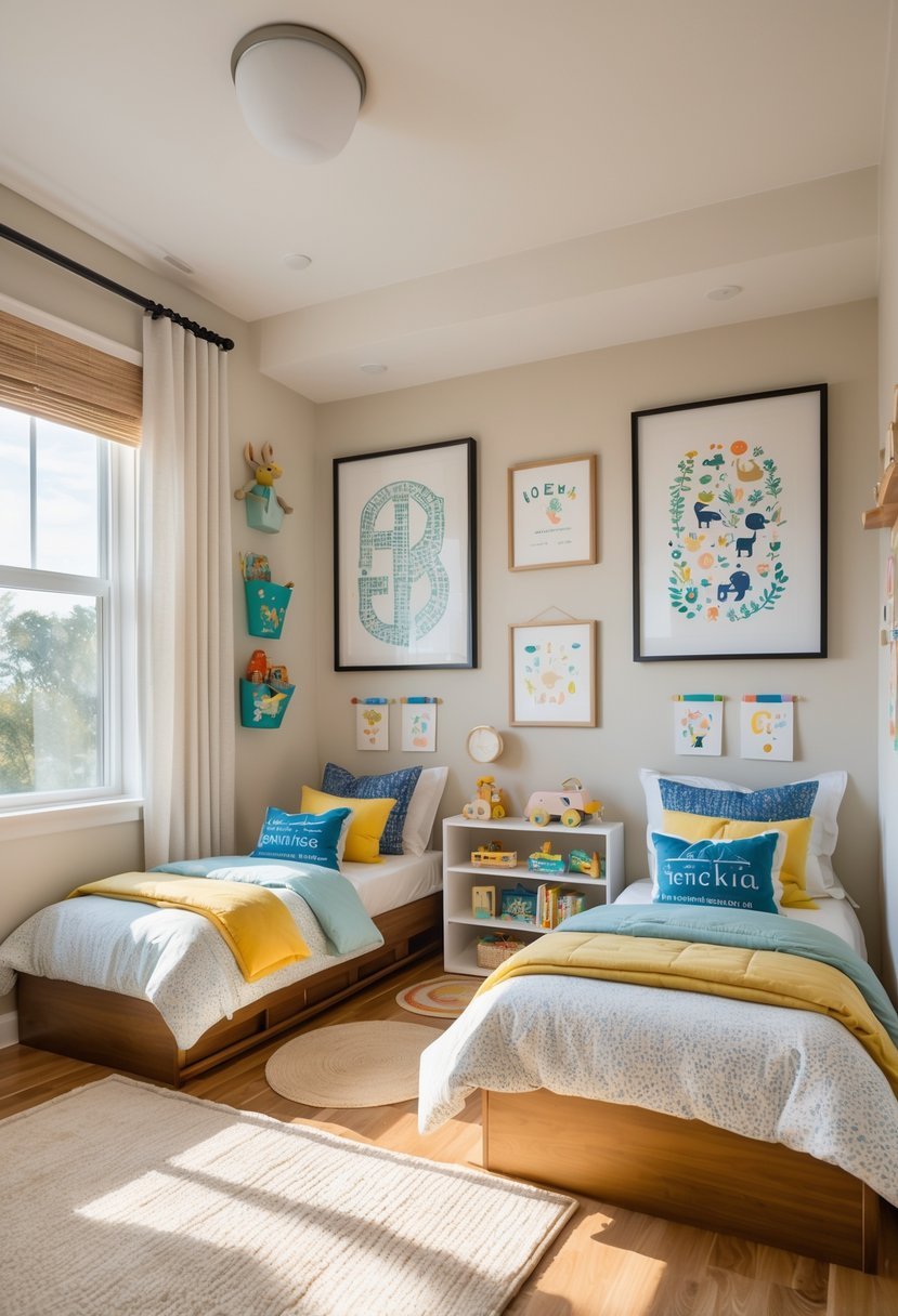 A shared children's bedroom with two beds, personalized wall art above each bed, toys, books, and bright natural light.