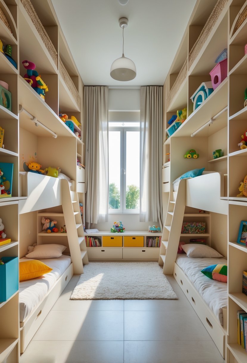 A shared children's bedroom with bunk beds, built-in shelves, and organized storage making efficient use of vertical space.