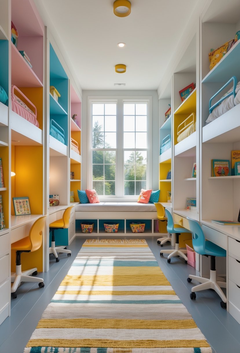 A shared children's bedroom with multiple small study nooks, desks, chairs, beds, and colorful decor arranged efficiently in the room.