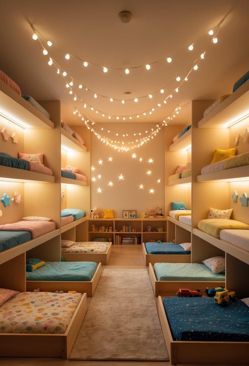 A shared children's bedroom with 15 small beds arranged neatly, softly lit with fairy lights and warm lighting, decorated with child-friendly bedding and playful accents.