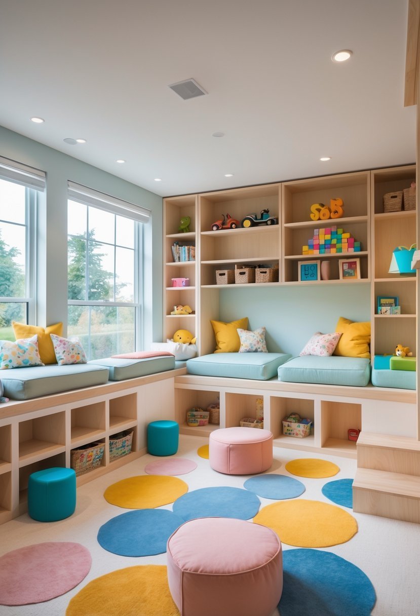A shared children's bedroom with low-profile beds and multi-functional seating arranged for 15 kids, featuring bright natural light, colorful decor, and organized storage.