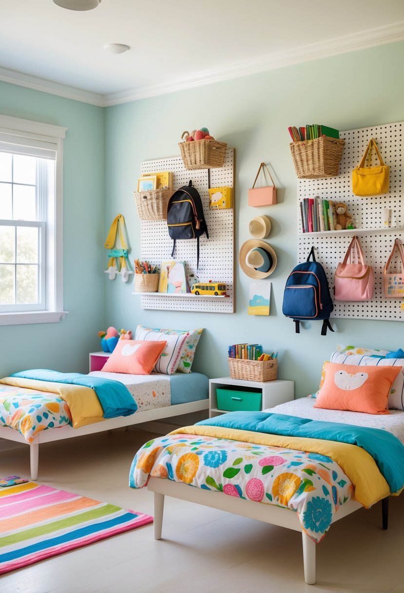 A small shared kids bedroom with two beds and organized pegboards and hooks holding toys, books, and backpacks.