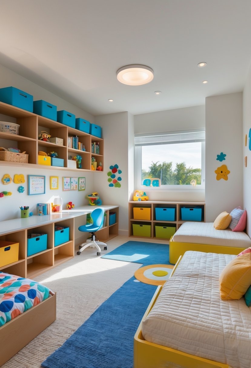 Shared children's bedroom with separate areas for sleeping, studying, and playing, featuring beds, desks, toys, and storage.