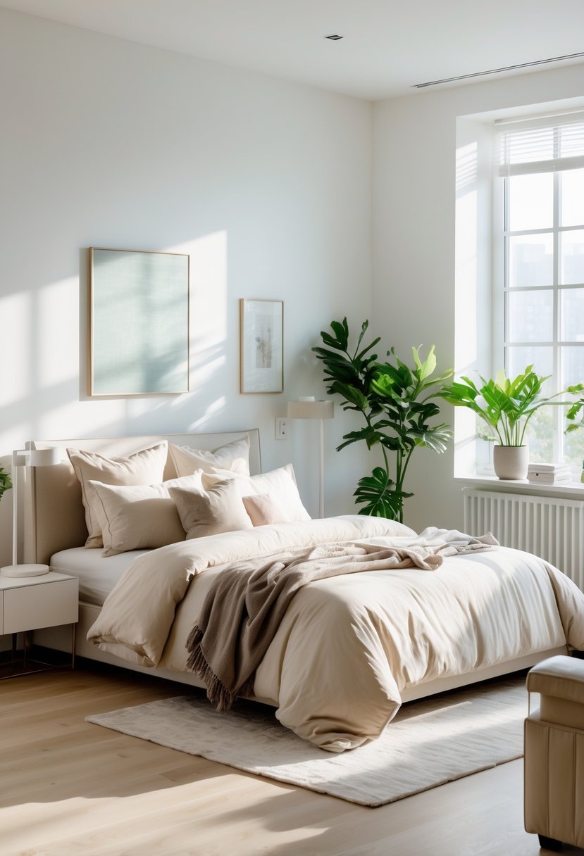 A bright bedroom with a neatly made 18-day bed, natural light, plants, and minimal furniture.