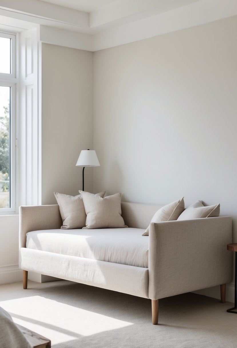 A minimalist daybed with neutral linen upholstery in a bright bedroom near a window.