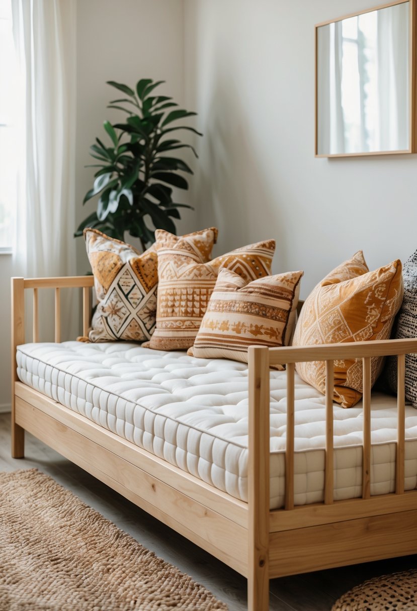 A daybed with patterned pillows in a bright bedroom with natural light and simple decor.