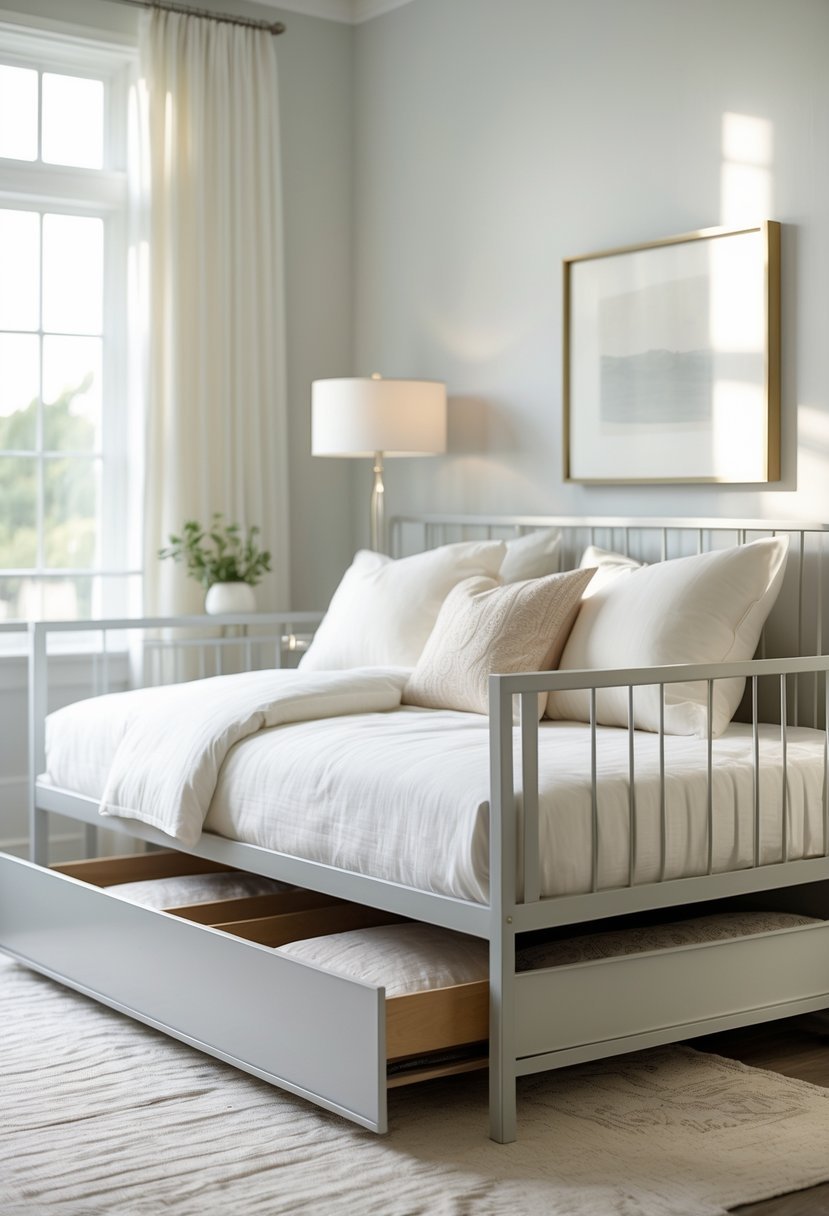 A modern metal frame daybed with storage drawers in a bright bedroom, made up with white linens and decorative pillows.