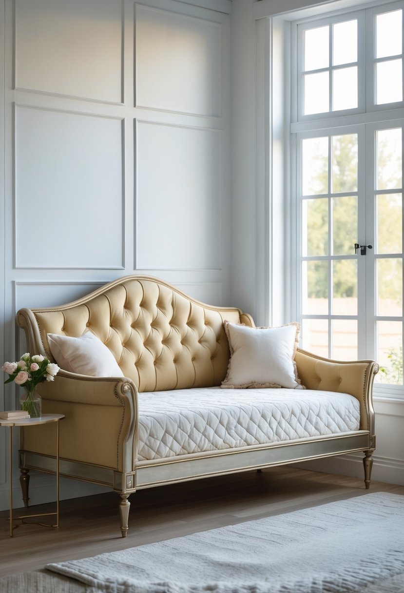 A tufted daybed with cushions in a bright bedroom next to a window with natural light.