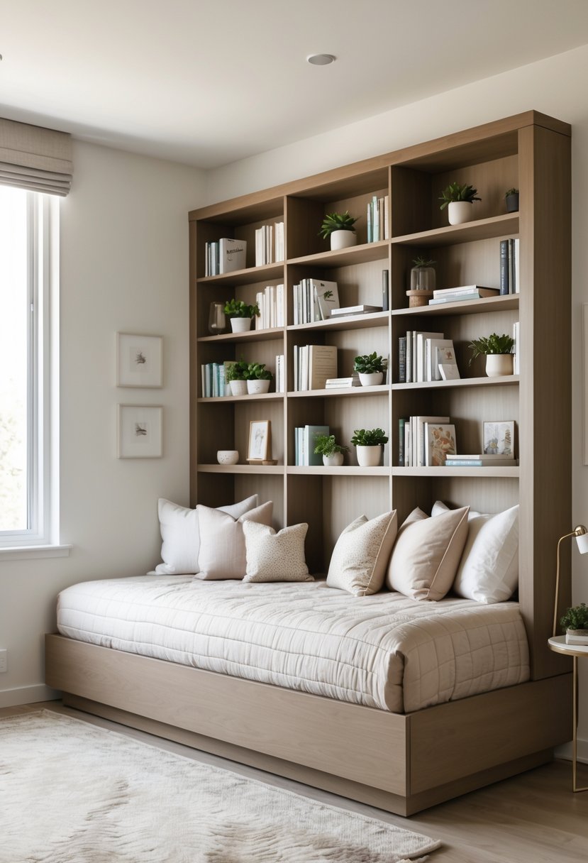 A bedroom with a daybed that has a built-in bookshelf in the headboard filled with books and decorative items.