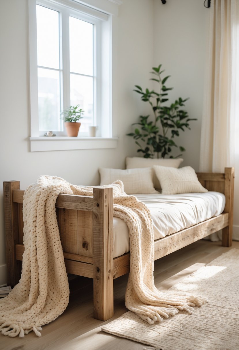 A rustic wooden daybed with cozy knitted blankets in a bright bedroom.