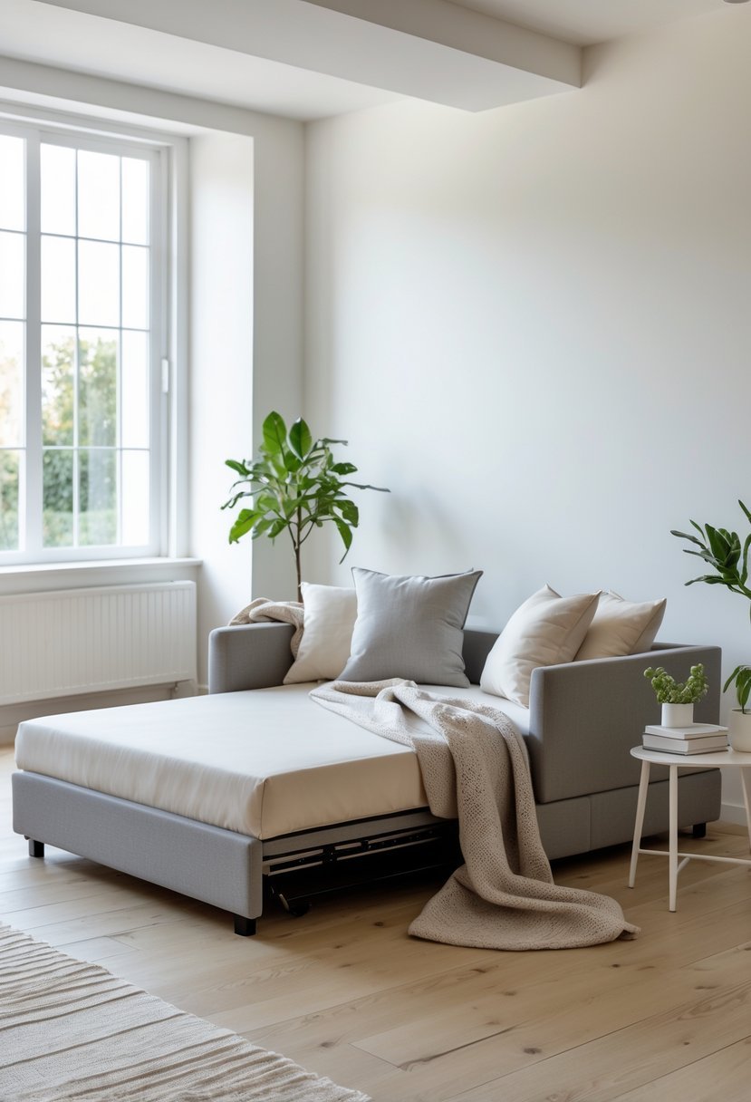 A convertible daybed sofa in a bright multifunctional room with cushions, a throw blanket, a small side table with a plant, and wooden flooring.