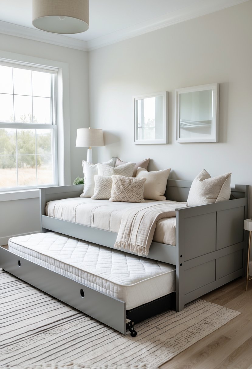 A bedroom with a daybed and a pulled-out trundle bed ready for guests.
