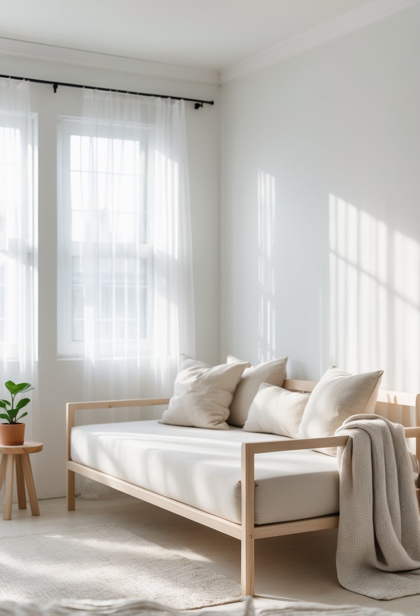 A bedroom with a wooden daybed featuring cushions, a small side table with a plant, and soft natural light coming through a window.