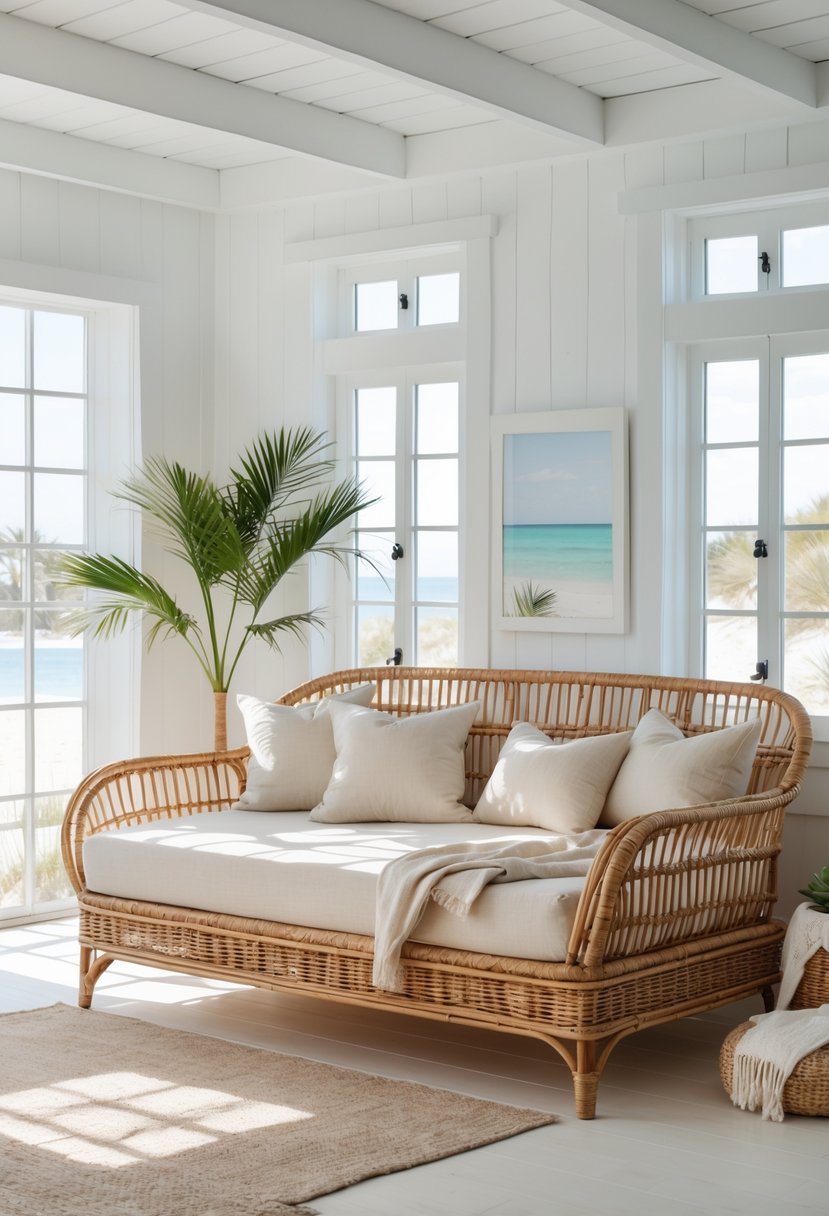 A wicker rattan daybed with cushions in a bright bedroom filled with natural light.