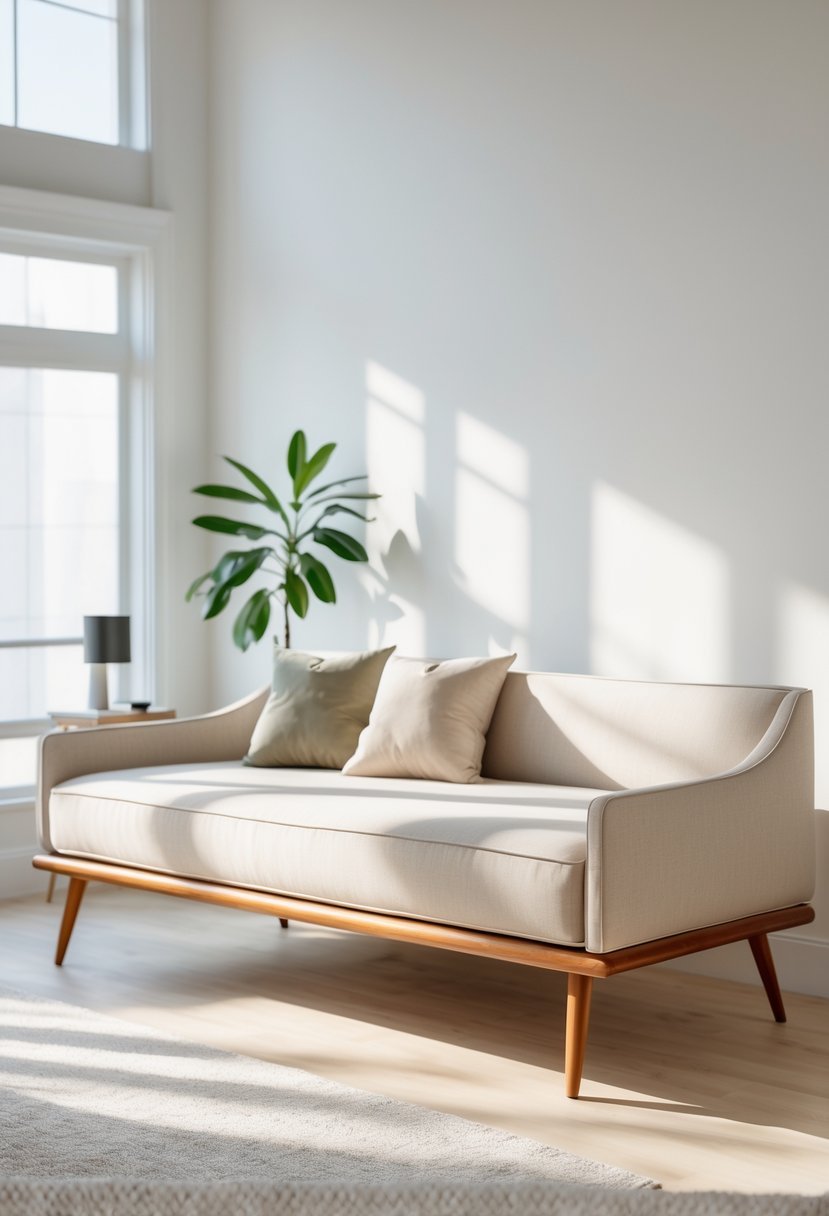 A daybed with tapered wooden legs in a bright bedroom with natural light and minimal decor.